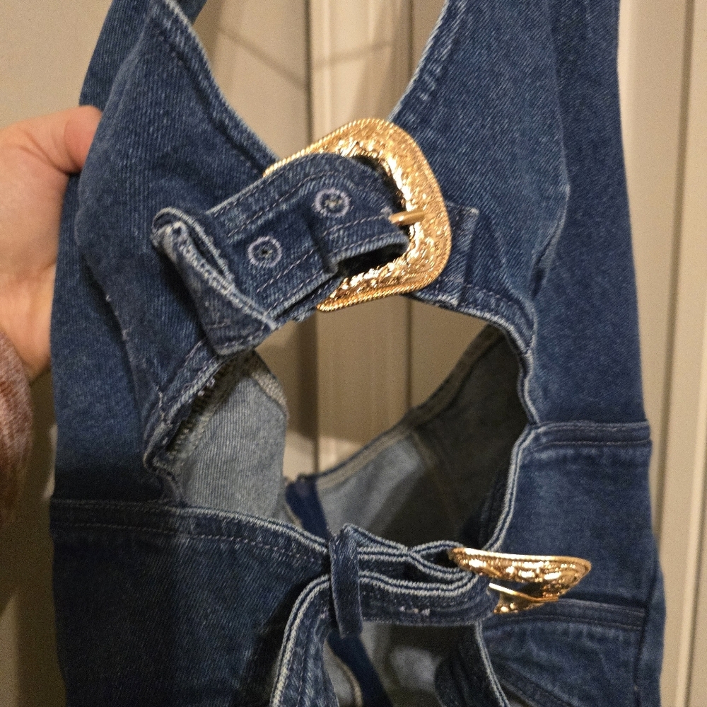 NWT Commense Halter Denim Mini Dress with Buckle Detail Medium Y2k Cult G Gold - Picture 6 of 7